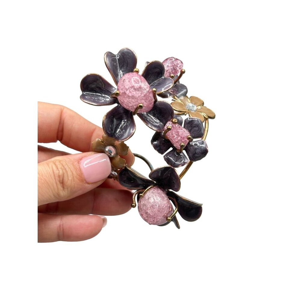 Floral Cuff Bracelet Crackled Glass Rhinestones & Enamels Statement Bracelet